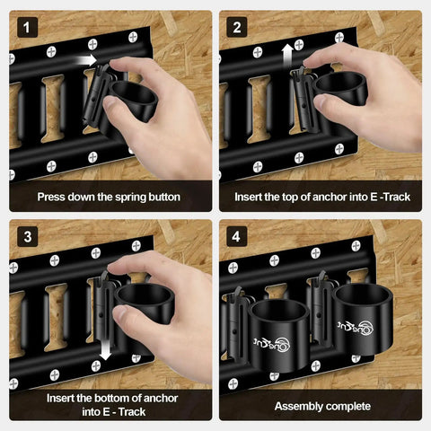Installation steps for Five Pack E Track Tool Holders For Enclosed Trailers Heavy Duty Tool Hangers on E Track rail