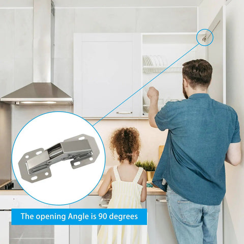 Ninety Degree Surface Mount Hidden Cabinet Hinge No Pre Drilled Concealed Hinges For Kitchen Cupboard Doors Set Of 10 In Cold Rolled Steel With Nickel Finish Durable Frameless Cabinet Hardware installed in a kitchen cupboard, showing a father and child using the cupboard with a focus on hinge functionality.