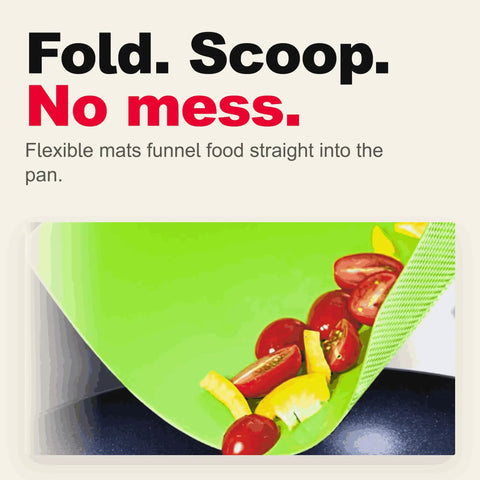 Top Shelf Bamboo Cutting Board Set With Six Color Coded Flexible Mats And Smart Storage Holder For Effortless Meal Prep BPA Free Non Slip Kitchen Chopping Block Makes Your Daily Grind A Breeze showing flexible mat funneling chopped vegetables into a pan.