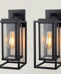 14 Inch Double Cage Outdoor Wall Lights 2 Pack Exterior Porch Lantern Sconces with clear glass showcasing warm bulbs.