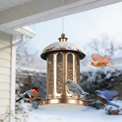 Large Capacity Metal Bird Feeder For Outdoor Hanging Built To Last Heavy Duty Wild Bird Feeder With Lantern Shaped Vintage Look