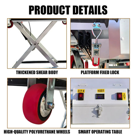 Detail images of Heavy Duty Industrial Electric Scissor Lift Table With Easy Roll Casters Foldable Hydraulic Platform Cart showing shear body, wheels, lock, and controls.