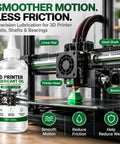 Premium 3D Printer Lubricant For Linear Rails And Steel Shafts Keeps Your Setup Glidin Sweet With Heavy Duty Silicone Blend, 150mL bottle image with lubricated printer parts.