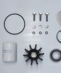 Bearing Housing Assembly Rebuild Kit For Crusader RA134071 Fits Five Point Seven Liter Six Point Zero Liter And Eight Point One Liter Marine Engines With Serpentine Belt Driven Water Pumps Compatible With Pumps RA057032 RA057034 RA057035 And Impeller, parts laid out