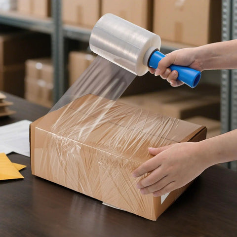 3 Pack Clear Heavy Duty Stretch Wrap Film Rolls With Handles 100 Gauge 5 X 1000 Ft thick industrial plastic cling wrapping a box.