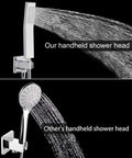 Comparison of handheld showers, top showing angular design and bottom round design, part of Ceiling Mount Shower System With Luxury Rain Shower Head And Handheld Combo High Pressure Valve Rough In And Trim Kit 12 Inch Chrome Finish Shower Set For Spa Like Rainfall Experience.