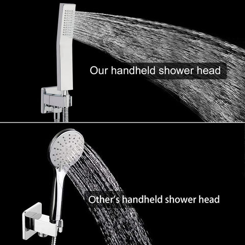 Comparison of handheld showers, top showing angular design and bottom round design, part of Ceiling Mount Shower System With Luxury Rain Shower Head And Handheld Combo High Pressure Valve Rough In And Trim Kit 12 Inch Chrome Finish Shower Set For Spa Like Rainfall Experience.