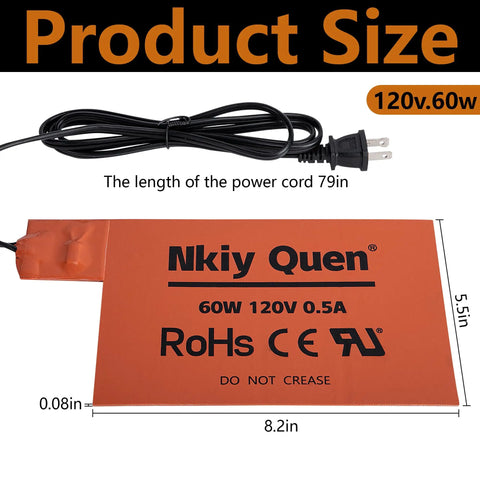 Automotive Silicone Battery Heater Pad With Smart Thermostatic Control and Uniform Heating Wires, 8.2x5.5 inch, power cord included.