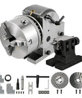Heavy Duty Rock Solid Six Inch Cnc Rotary Table With Three Jaw Chuck And Dividing Head, detailed view with accessories.