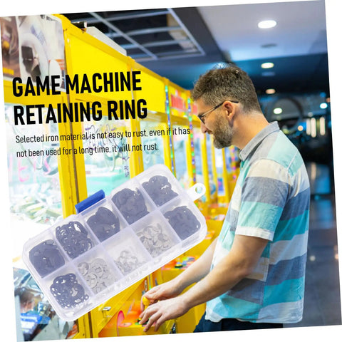 200 Piece Retaining Ring And Washer Kit For Mechanical Projects And Electronics Durable Rust Resistant Circlips And Open Rings Easy Install Hardware For Game Consoles Machinery And DIY Repairs, product box displayed in front of arcade game machine