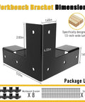 Beefy 8 Pack Workbench Corner Brackets Kit For DIY Tables And Shelves, 2x4 Steel L Brackets dimensions and package contents.
