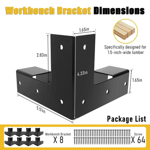 Beefy 8 Pack Workbench Corner Brackets Kit For DIY Tables And Shelves, 2x4 Steel L Brackets dimensions and package contents.
