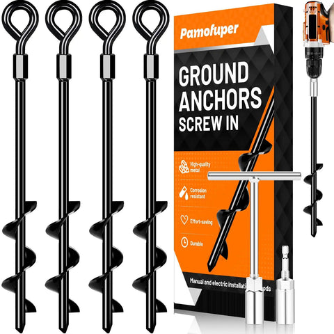 Beefy Heavy Duty Screw In Ground Anchors For Trampolines And Tents, includes T Type Wrench and Drill Socket, 4 by 14 inch