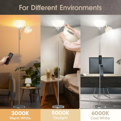 Floor Lamp With Remote Control And Adjustable Reading Lamp, Two Smart Bulbs Included, Four Color Temperatures From 3000K Warm To 6000K Cool Daylight