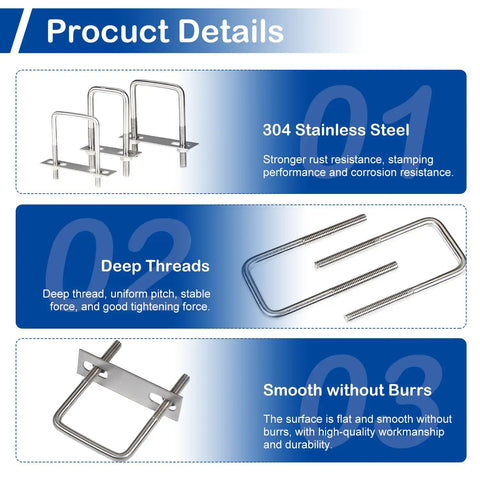 Beefy Four Pack Square U Bolts With Frame Plates And Nuts Inner Width 40mm M8 Thread 100mm Length 304 Stainless Steel U Bolts