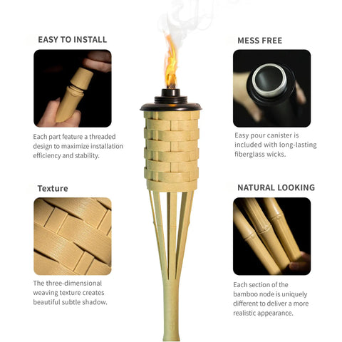 Faux Bamboo Outdoor Torches 4 Pack Sundried Color 60 Inch Tall Island Citronella Torches with easy install and mess-free wick features.