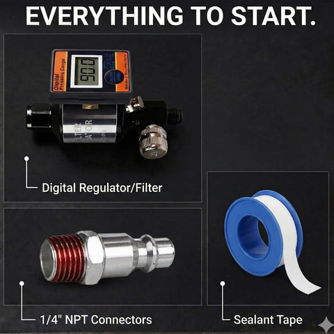 Pro Grade Digital Air Regulator With Water Separator And Moisture Trap Inline Dryer for air compressors with tape and connectors.