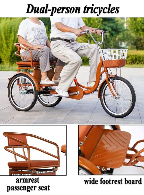 Dual-person tricycles with armrest passenger seat and wide footrest board