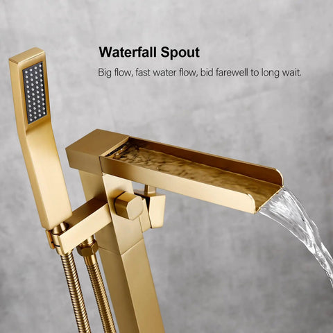 Solid Brass Floor Mount Bathtub Faucet Free Standing Tub Filler With Hand Shower Swivel Spout Brushed Brass