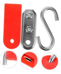 Parliky pool float hanger set: red plastic tab, metal mounting bracket with bolts, and silver U-shaped hook