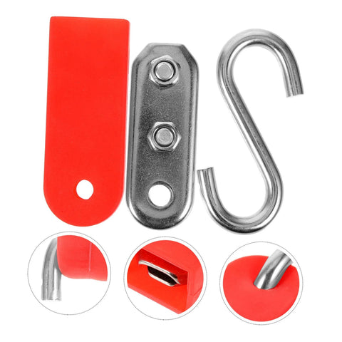 Parliky pool float hanger set: red plastic tab, metal mounting bracket with bolts, and silver U-shaped hook