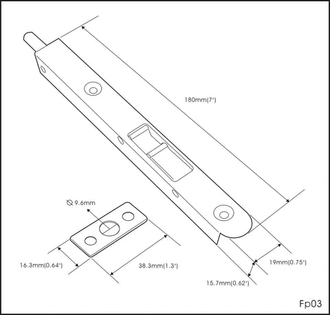 Diagram of Brass Flush Bolt 7 Inch With Solid Brass Face Plate And Strike, showing dimensions and square mounting option.