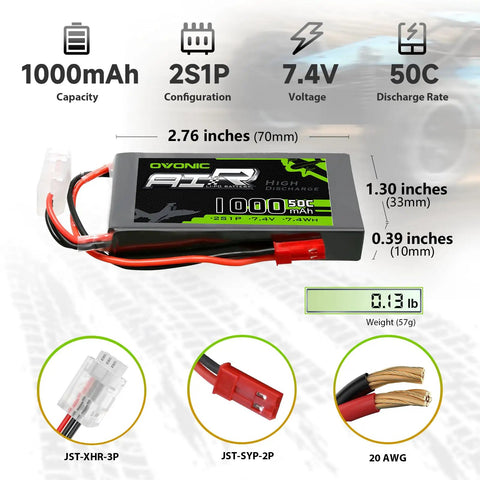 2S LiPo Battery 1000mAh Seven Point Four Volt 50C With JST Connector For RC FPV Racing Drones Quadcopters Pack Of 2 Beefed Up Power For Fast Flights Every Run
