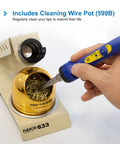 Rock Solid Soldering Iron Stand Holder Featuring A Non Skid Base And Includes A Handy Dry Tip Cleaner Wire Sponge Pot For No Water Mess Free Cleaning When Working With Your Favorite Handheld Soldering Irons And Tools. Hand using soldering iron with Hakko 599B cleaner on beige stand.