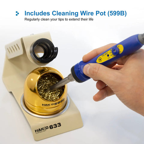 Rock Solid Soldering Iron Stand Holder Featuring A Non Skid Base And Includes A Handy Dry Tip Cleaner Wire Sponge Pot For No Water Mess Free Cleaning When Working With Your Favorite Handheld Soldering Irons And Tools. Hand using soldering iron with Hakko 599B cleaner on beige stand.