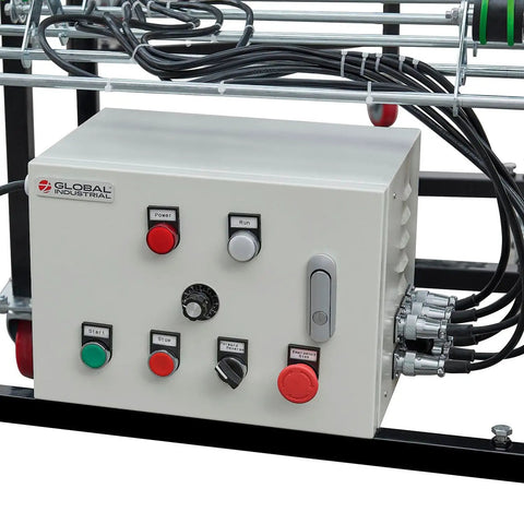 Control panel of Workhorse 24 Inch Powered Flexible Roller Conveyor Built Rock Solid For Friction Free Package Transport.