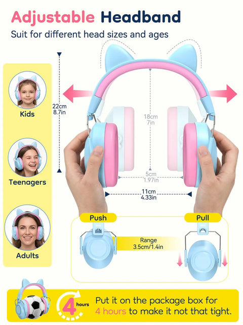 Kids Noise Canceling Ear Muffs 32dB SNR For Concerts And Fireworks Adjustable Hearing Protection For Autism Sensory Memory Foam Padding And Breathable PU Leather Blue With Fun Stickers, adjustable headband shown with size range