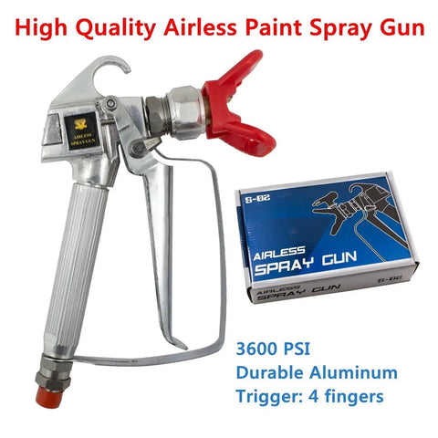 Built Tough Airless Paint Spray Gun With Nozzle Guard For Pump Sprayer 3600 Psi High Pressure Setup showing durable aluminum construction and a red trigger.
