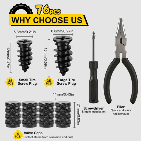 76 Piece Tire Repair Kit With Premium Spiral Screw In Plugs, Two Plug Sizes, Screwdriver And Pliers For Quick DIY Tire Puncture Fix