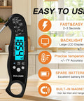 Instant Read Meat Thermometer With Folding Four Point Six Inch Stainless Steel Probe, Waterproof And Backlit Killer Calibration Function, Auto On Off, All In One For Cooking Candy BBQ Grill Beverages Liquids Beef displayed in a kitchen setting next to its features and benefits.