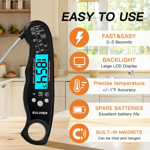 Instant Read Meat Thermometer With Folding Four Point Six Inch Stainless Steel Probe, Waterproof And Backlit Killer Calibration Function, Auto On Off, All In One For Cooking Candy BBQ Grill Beverages Liquids Beef displayed in a kitchen setting next to its features and benefits.