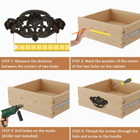Instructions for installing Durable Zinc Alloy Dark Antique Bronze 3 Inch C-C Vintage Drawer Pulls on cabinet drawers.