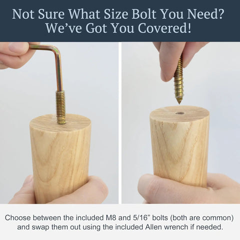Ash Wood Furniture Legs With Gold Caps Set Of 4 Complete Install Kit Choose Size And Color showing bolt installation