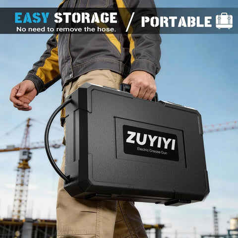 Man carrying Cordless 12000 PSI Electric Grease Gun With Brushless Motor case at construction site, portable, easy storage