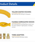 Product details of Tough As Nails 48 Inch Flexible Yellow Coated Corrugated Gas Line Kit For Dryer Stove Range Stainless Steel Gas Dryer Kit With Six Connectors Three Quarters Inch MIP And One Half Inch ID, showing yellow coated housing, flexible corrugated design, and three adapters.