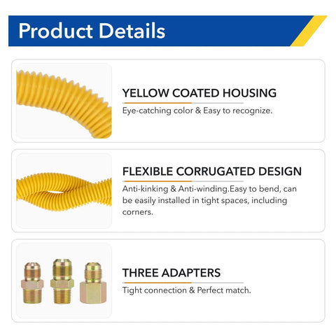 Product details of Tough As Nails 48 Inch Flexible Yellow Coated Corrugated Gas Line Kit For Dryer Stove Range Stainless Steel Gas Dryer Kit With Six Connectors Three Quarters Inch MIP And One Half Inch ID, showing yellow coated housing, flexible corrugated design, and three adapters.