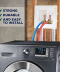 Durable Washer Outlet Box With Brass Water Hammer Arrestor installed above a washing machine, showing dual drain connections.