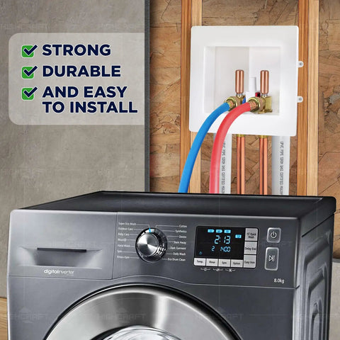 Durable Washer Outlet Box With Brass Water Hammer Arrestor installed above a washing machine, showing dual drain connections.