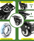 Badass Heavy Duty Casters Set Of 8 Roll Smoother Than Butter With Silent Swivel Plates And Secure Locking Brakes image showing 360-degree rotation, double locking, and double ball bearing.