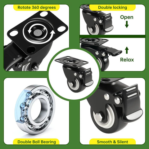 Badass Heavy Duty Casters Set Of 8 Roll Smoother Than Butter With Silent Swivel Plates And Secure Locking Brakes image showing 360-degree rotation, double locking, and double ball bearing.