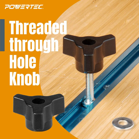 10 Piece T Track Knob Kit With 1/4-20 Hex Bolts And Washers For Woodworking Jigs And Fixtures, through hole knob shown in use