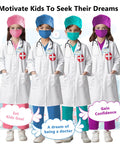 Four children in Kid Friendly Doctor Costume Set With Lab Coat Scrubs Real Stethoscope 7 Piece Dress Up Kit For Boys And Girls.