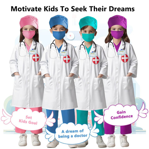 Four children in Kid Friendly Doctor Costume Set With Lab Coat Scrubs Real Stethoscope 7 Piece Dress Up Kit For Boys And Girls.