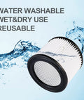 Heavy Duty Nanofiber Cartridge Filter For Most 4 Gallon And Smaller Wet Dry Vacuums 2 Pack Reusable PET Filtration Paper Replacement Fits Most Models with water splash and washable text