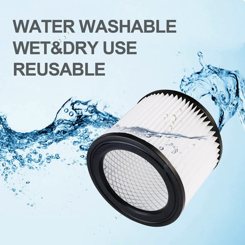 Heavy Duty Nanofiber Cartridge Filter For Most 4 Gallon And Smaller Wet Dry Vacuums 2 Pack Reusable PET Filtration Paper Replacement Fits Most Models with water splash and washable text
