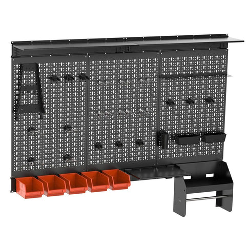 4ft Wide Metal Pegboard Wall Organizer Kit With Accessories For Garage, Wall Mount Tool Storage System, Shelves, Bins, And Workbench Organization In Black, Heavy Duty Steel With Powder Coat Finish